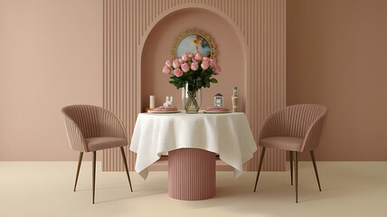 Elegant romantic dining setting Soft pinks and beige Modern stylish chairs and table