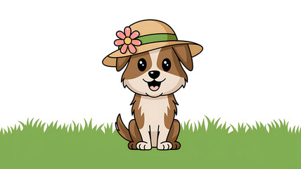 Cute cartoon dog wearing a straw hat sitting in grass Springtime pet illustration