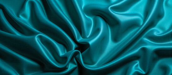 Obraz premium Shiny teal silk fabric with smooth folds and soft curves, glossy satin texture, cyan textile drapery background, luxury cloth surface, flowing material, elegant and rich color, high-quality