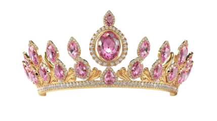 A golden crown with pink gemstones and small clear stones on a black background isolated object