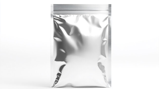 A shiny silver mylar bag with a zip lock closure stands against a bright white studio background space