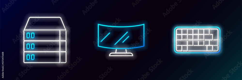 Poster set line keyboard, server, data, web hosting and computer monitor screen icon. glowing neon. vector