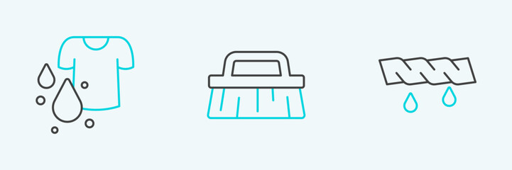 Obraz premium Set line Squeeze clothes, Dirty t-shirt and Brush for cleaning icon. Vector