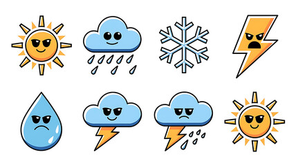 Cute weather icons cartoon sun cloud rain snowflake lightning Whimsical weather graphics