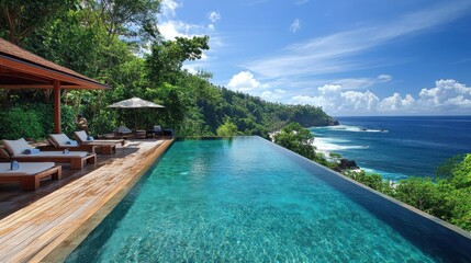 Luxurious infinity pool overlooking tropical ocean coastline with clear blue sky