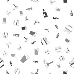 Set Essential oil bottle, Carrot on fork, Salad in bowl and Glass with water on seamless pattern. Vector