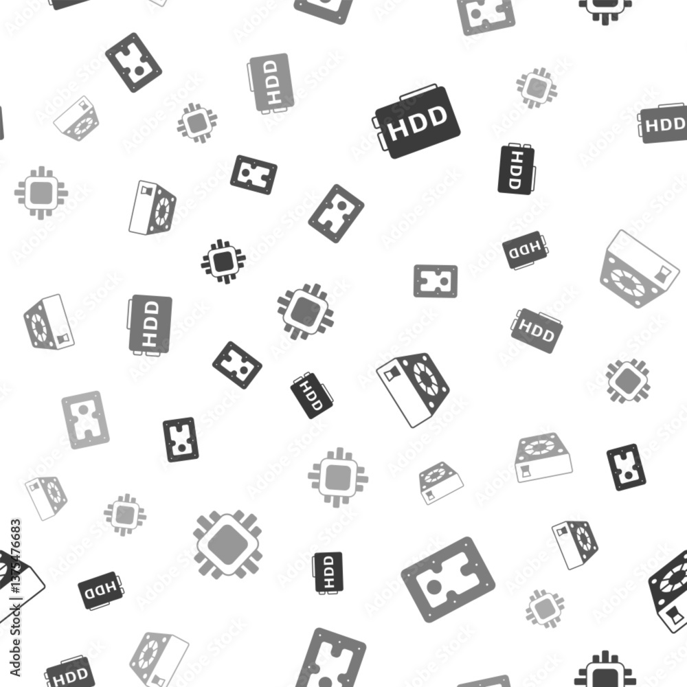 Poster set hard disk drive hdd, , computer cooler and processor with cpu on seamless pattern. vector