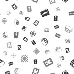 Set Hard disk drive HDD, , Computer cooler and Processor with CPU on seamless pattern. Vector