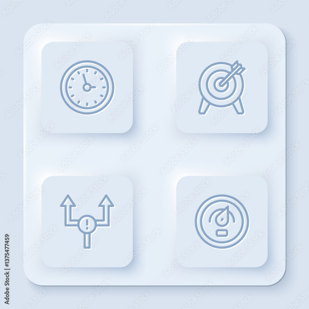 Poster set line clock, target, arrow and digital speed meter. white square button. vector