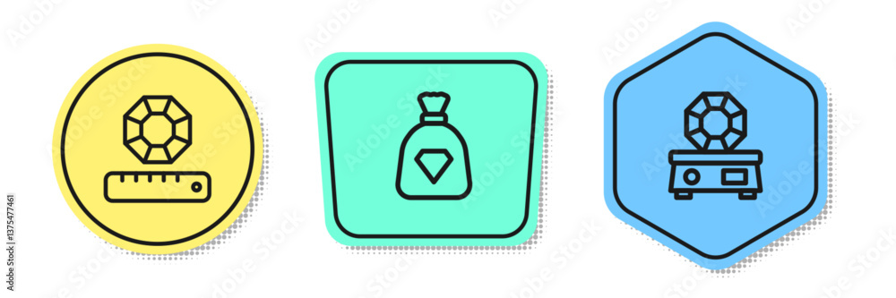 Poster set line gem stone, bag with gems and . colored shapes. vector