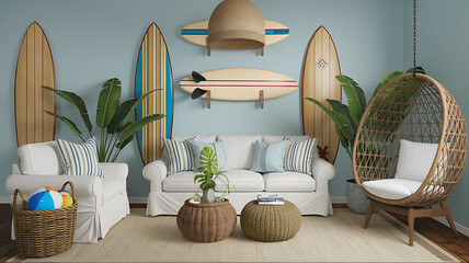 Coastal living room with surfboards egg chair and wicker accents