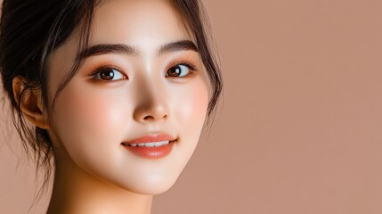 Fototapeta premium An exquisite close-up portrait of a young woman showcasing her radiant smile and enchanting features, illuminated by natural light against a soft, warm background.