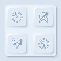 Set line Clock, Target, Arrow and Digital speed meter. White square button. Vector