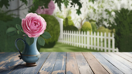 Rustic garden scene with a pink rose in a blue vase on a wooden table