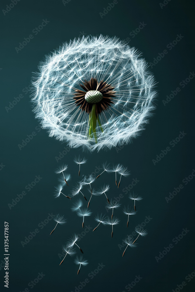 Poster surreal macro image of dandelion fluff composing calligraphic letters midair, framed in delicate