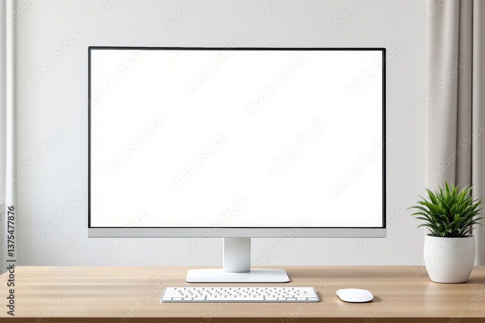 Poster modern computer monitor with blank white screen on wooden desk.