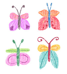 Set of cute childlike butterfly drawing with crayon or chalk texture