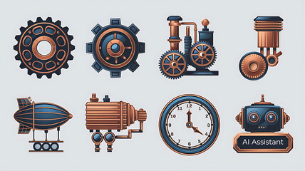 Steampunk-themed icons gears engine clock robot AI assistant Vintage industrial design elements