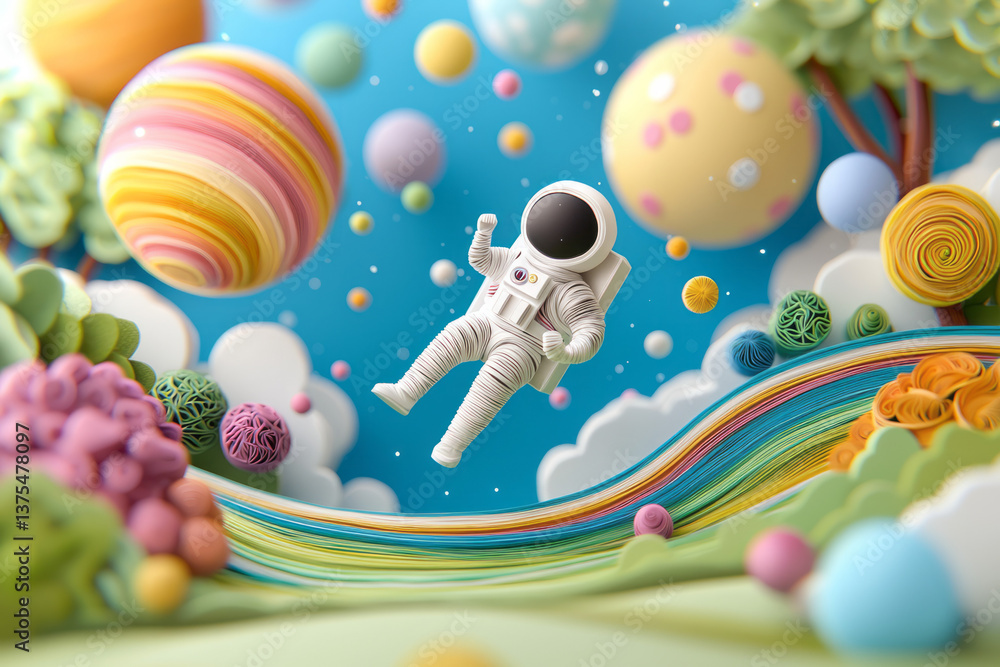 Poster paper quilling 3d render of a floating astronaut in space, surrounded by candy-colored cheese