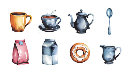 Watercolor illustration of coffee tea-themed breakfast items