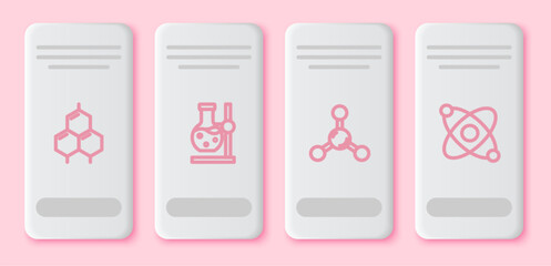 Set line Chemical formula, Test tube flask on stand, Molecule and Atom. White rectangle button. Vector