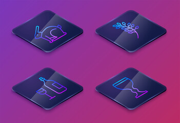 Set Isometric line Easter rabbit, Wine bottle with glass, Willow leaf and Wine glass. Blue square button. Vector