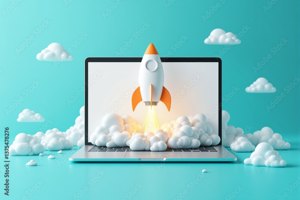 Poster rocket launching from laptop screen with cloud elements on turquoise background.
