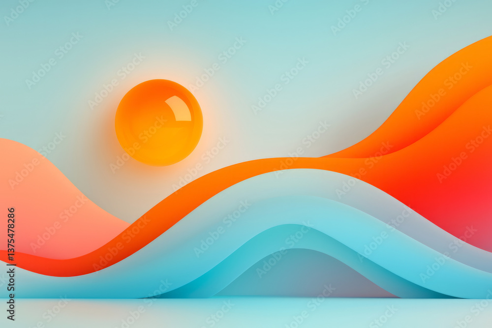 Poster a conceptual 3d render combining a retro wave curve with a crystal-clear sun orb, set in a minimal