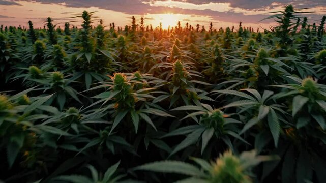 Aerial view: vast hemp plantation in warm sunset light. Lush cannabis plants stretch to horizon under colorful sky. Natural medicine resource showing sustainable farming of herbal remedy