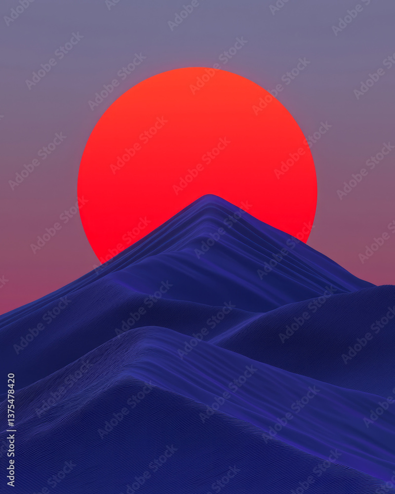 Poster a sleek 3d rendering of a retro-style terrain made with minimal shapes, bold lines, and a sun