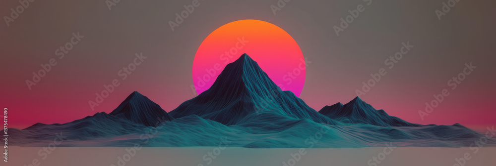 Poster a retrofuturistic 3d landscape built from basic geometry and vivid lines, with a setting sun and