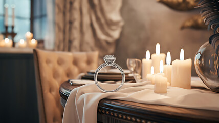 Elegant diamond ring on a romantic table setting Soft lighting candlelit ambiance
