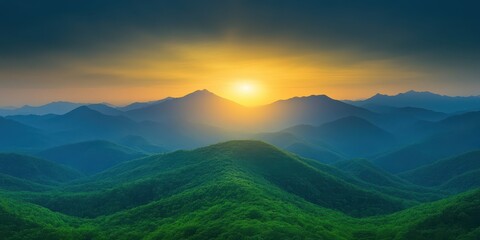 Obraz premium Golden sunrise over layered mountain ridges. Blue haze and green valleys in wide panoramic landscape. Calm momentum and fresh perspective. Perfect for branding, presentations