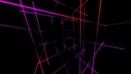 Intersecting neon lights creating vibrant geometric pattern on black background