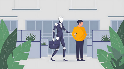 Modern office scene with robot and human