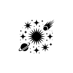 Celestial Silhouette: Minimalist Space Design with Stars, Planet, & Comet