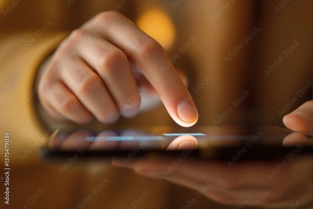 Poster Close-up of hand touching tablet screen with glowing interface.