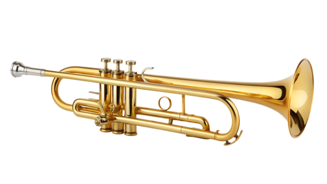 high quality stock photo of a golden trumpet isolated on white background PNG. GENERATIVE AI