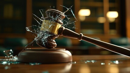 Close-up of a
shattered glass gavelon a wooden desk,
symbolizing brokenjustice, with a focus onlegal system flaws andcourtroom drama
concepts.