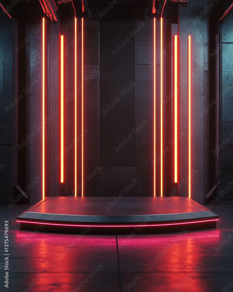 Poster modern podium made of wood stands in sleek environment illuminated by vibrant red neon lights creati