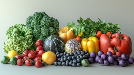 Assorted fresh vegetables and fruits: broccoli, peppers, grapes, strawberries, melon