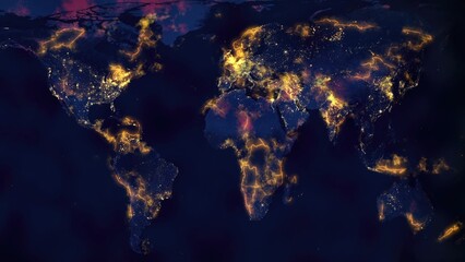 World map at night highlighting the most populated areas and political borders © Evgeny