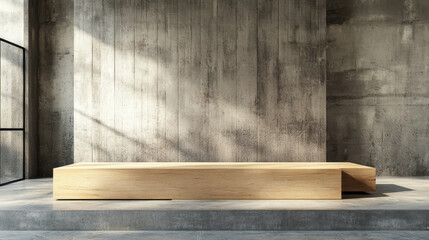 sleek wooden podium stands elegantly in minimalist space, showcasing its natural grain against textured concrete walls. design emphasizes simplicity and modern aesthetics