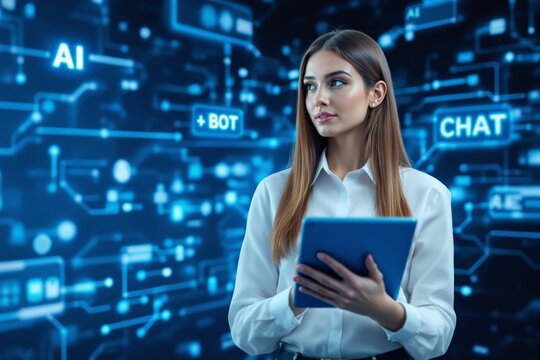 Businesswoman with tablet and AI chatbot futuristic technology background.