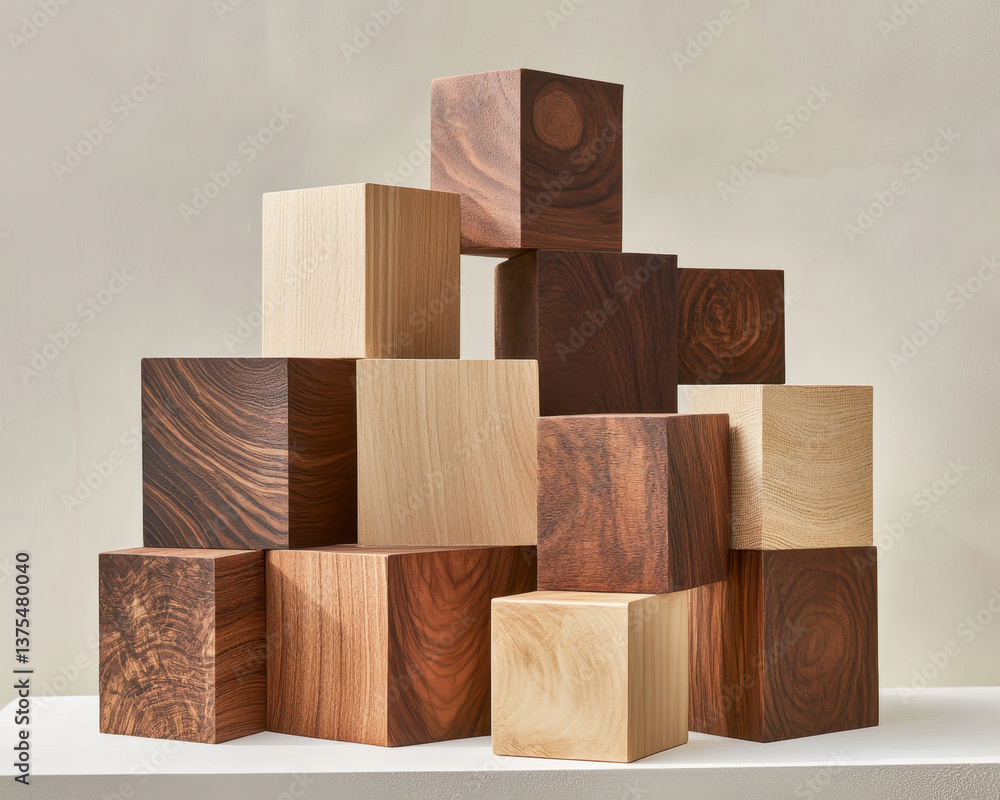 Poster beautiful wooden blocks are arranged on podium showcasing their unique textures and colors, creating