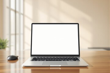Fototapeta premium Laptop with blank screen on wooden desk in bright room.