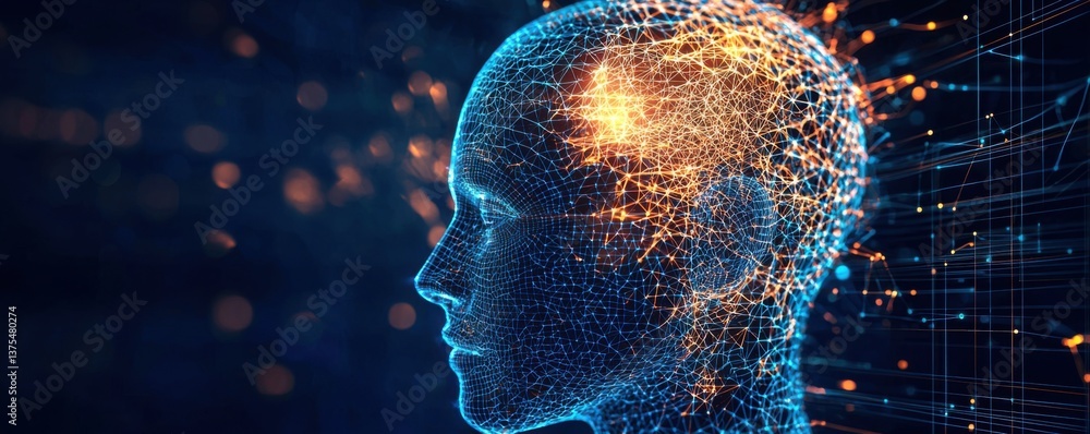 Poster a digital representation of a human head filled with glowing neural connections, symbolizing artific
