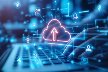 Cloud computing technology concept with glowing upload icon and network connections over a laptop keyboard.
