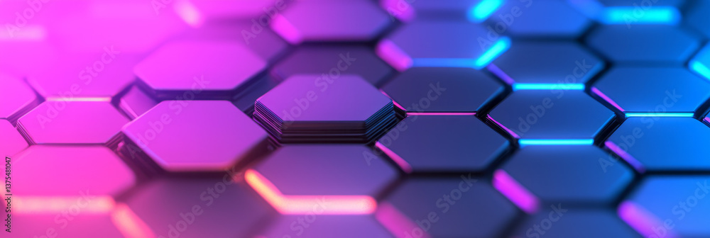 Aufkleber a seamless 3d surface of interlocking hexagons, illuminated by pulsating neon lights in blue and