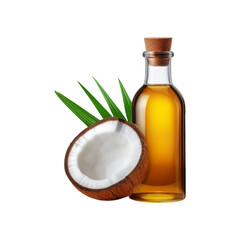 Coconut oil bottle with slice on transparent background
